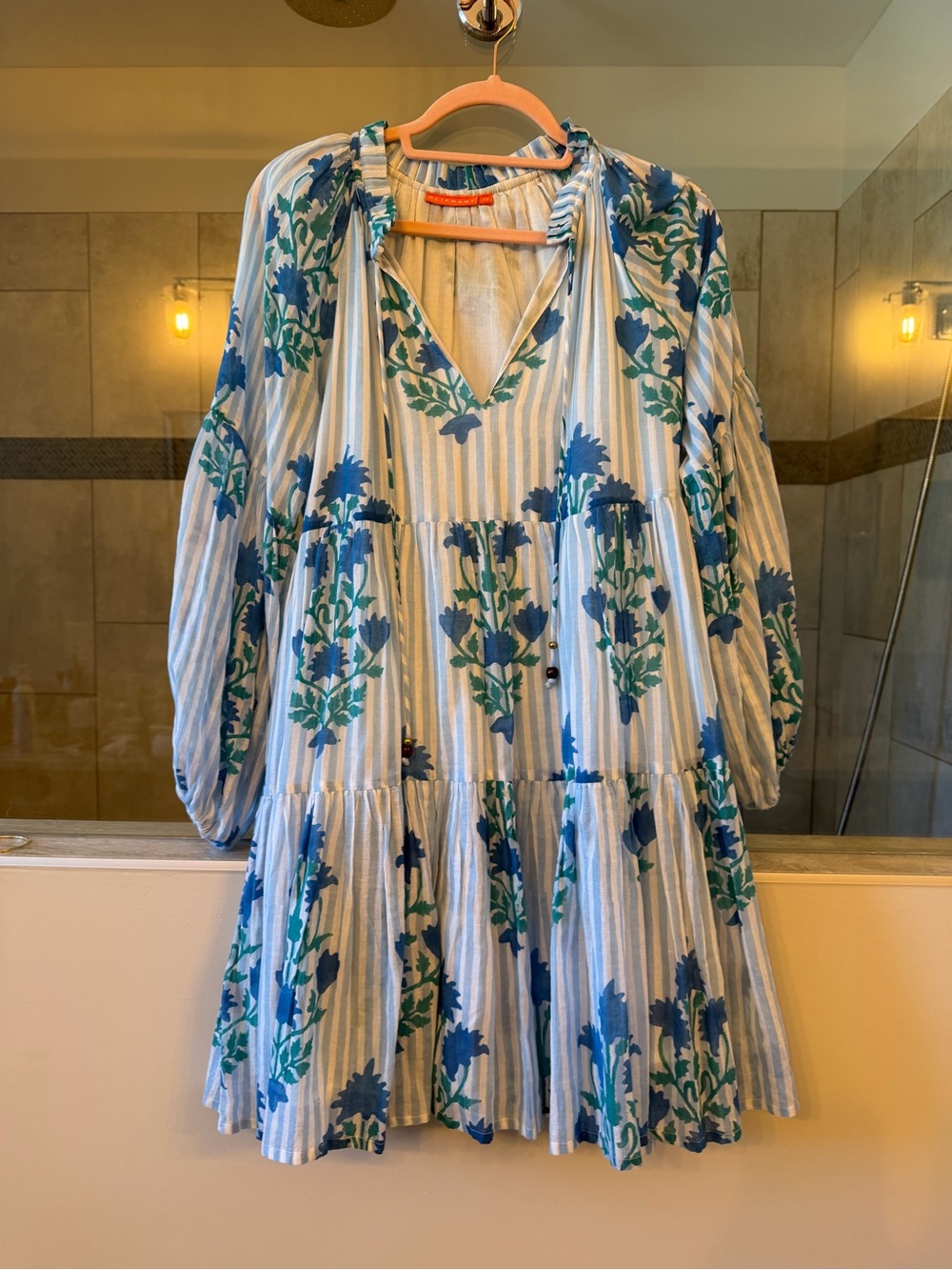 Oliphant Blue and White Floral Tiered Long Sleeve Dress